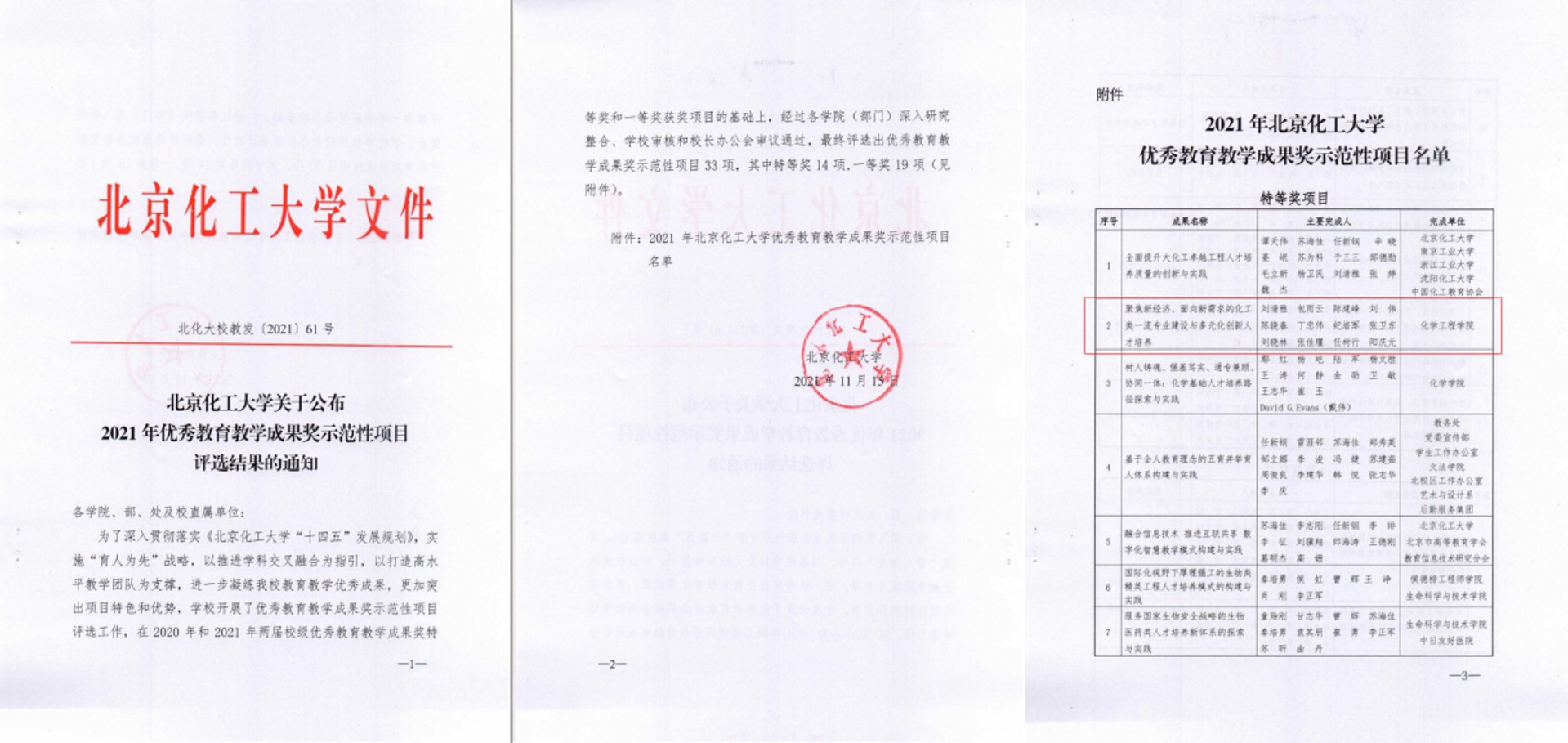 北京化工大学优秀教育教学成果评选结果（2021年）